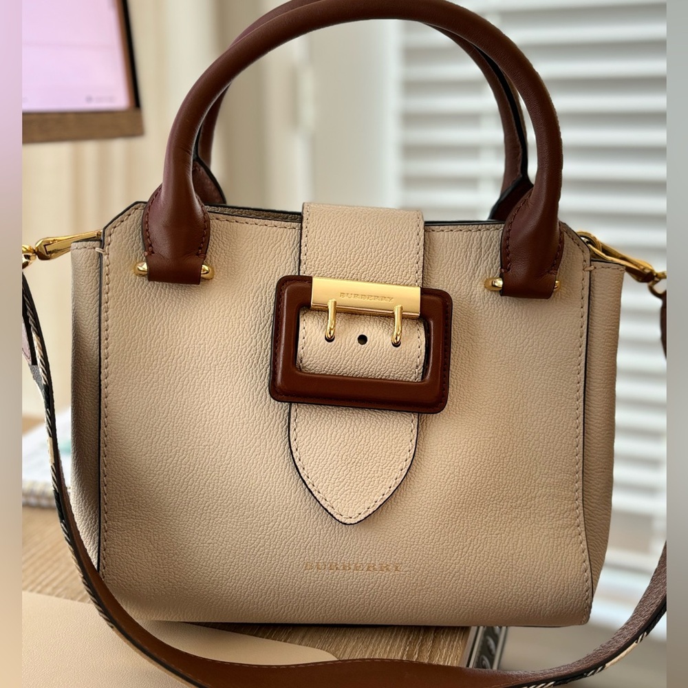 Burberry handbag off white with brown leather trim